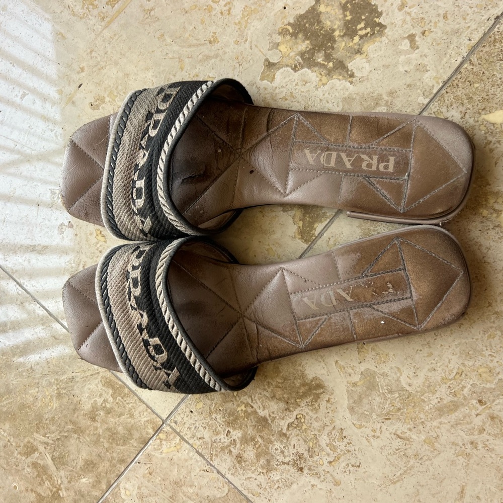 PRADA Taupe & Black Logo Slide Sandals - Picture 3 of 3